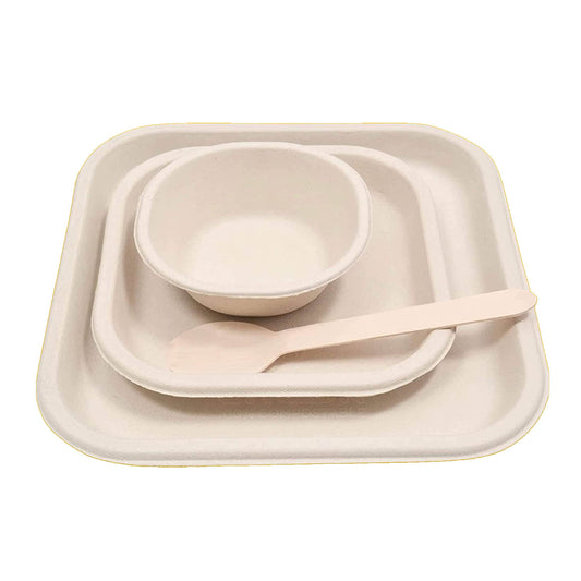 Sugarcane Bagasse Disposable Plates Set, Square Plates 9 Inch (25), Square Plates 6 Inch (25), Bowls (25), Spoon (50), Brown Party Disposal Biodegradable
